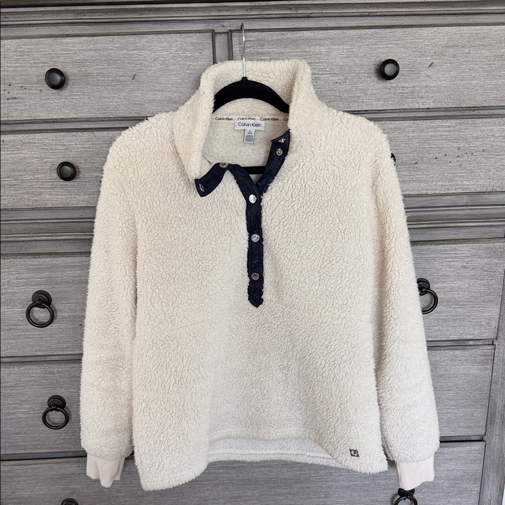 Calvin Klein Cream Sherpa Pullover with Navy Placket